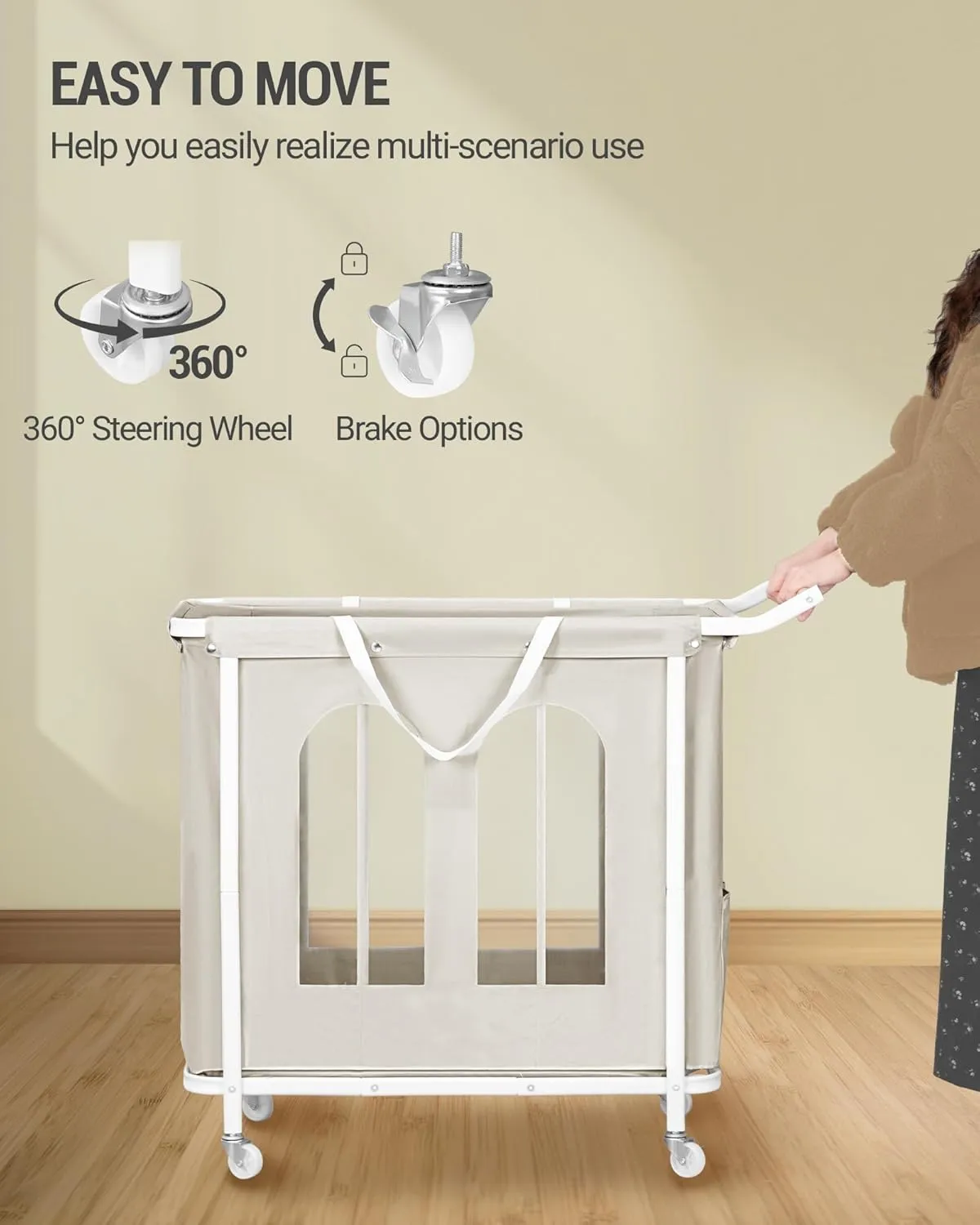 Laundry Basket Cart with Wheels, Rolling Laundry Hamper 3 Section, Laundry Sorter with Removable Hanging Bag, for Laundry Room, Bathroom, Bedroom, Beige LB03303W