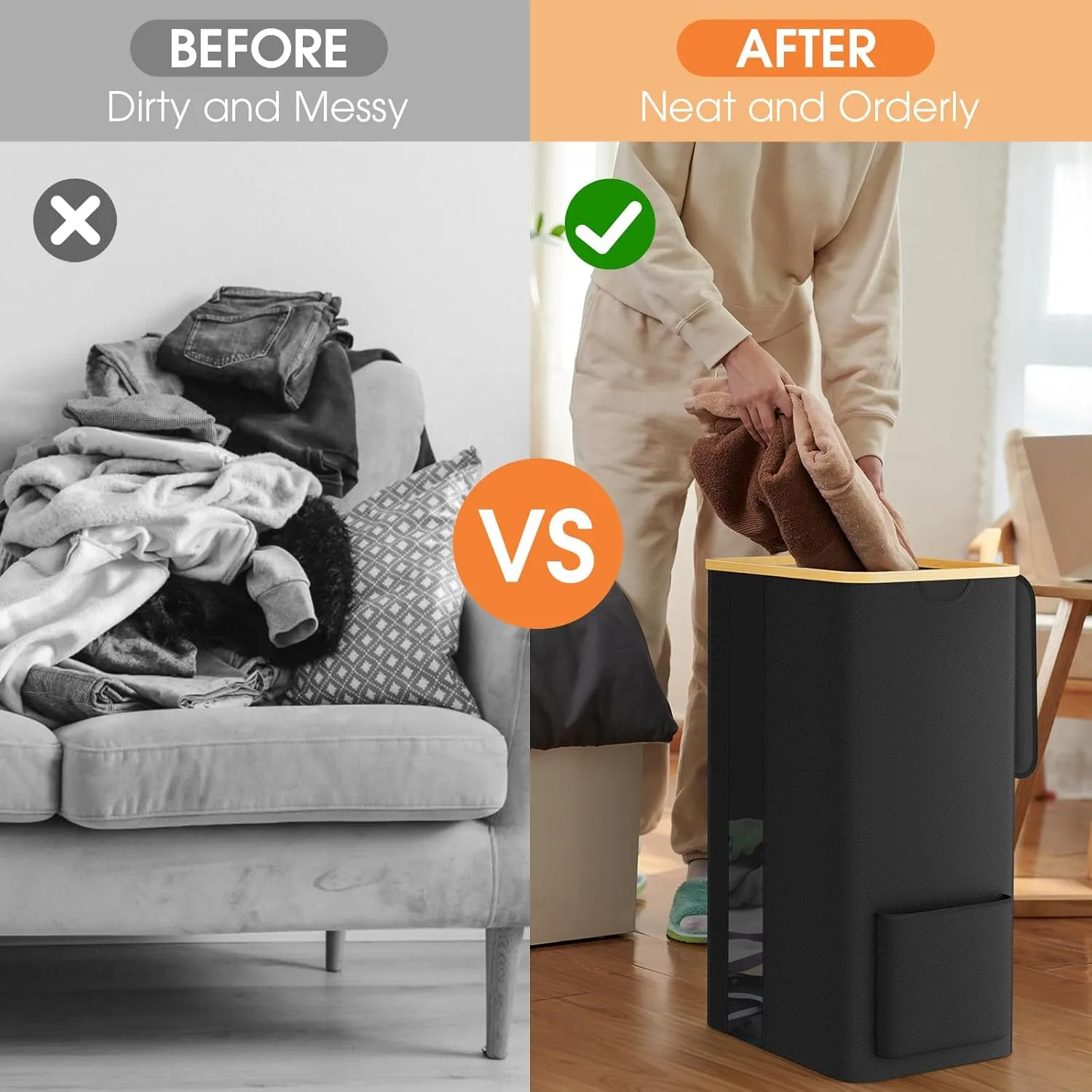 Laundry Basket Clothes Hamper with Lid and Removable Bag Large Collapsible Laundry Baskets with Handle, Freestanding Hampers for Bedroom Aesthetic, Dorm, Bathroom, Laundry Room 100L (Black)