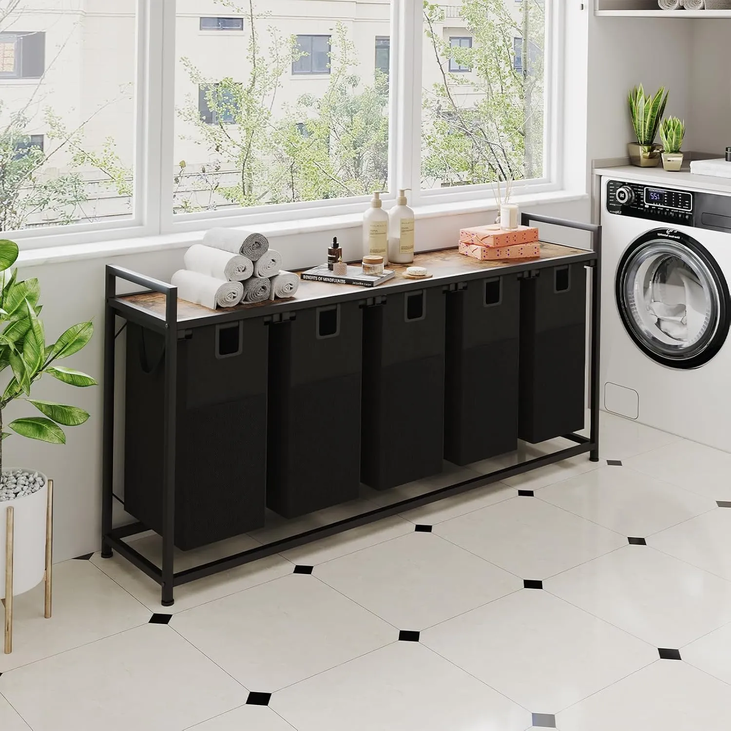Laundry Basket Five Laundry Hamper with Removable Bags, Fabric Handles, Large Top Shelf and Laundry Bag for Bathroom, Dorm, Laundry Room