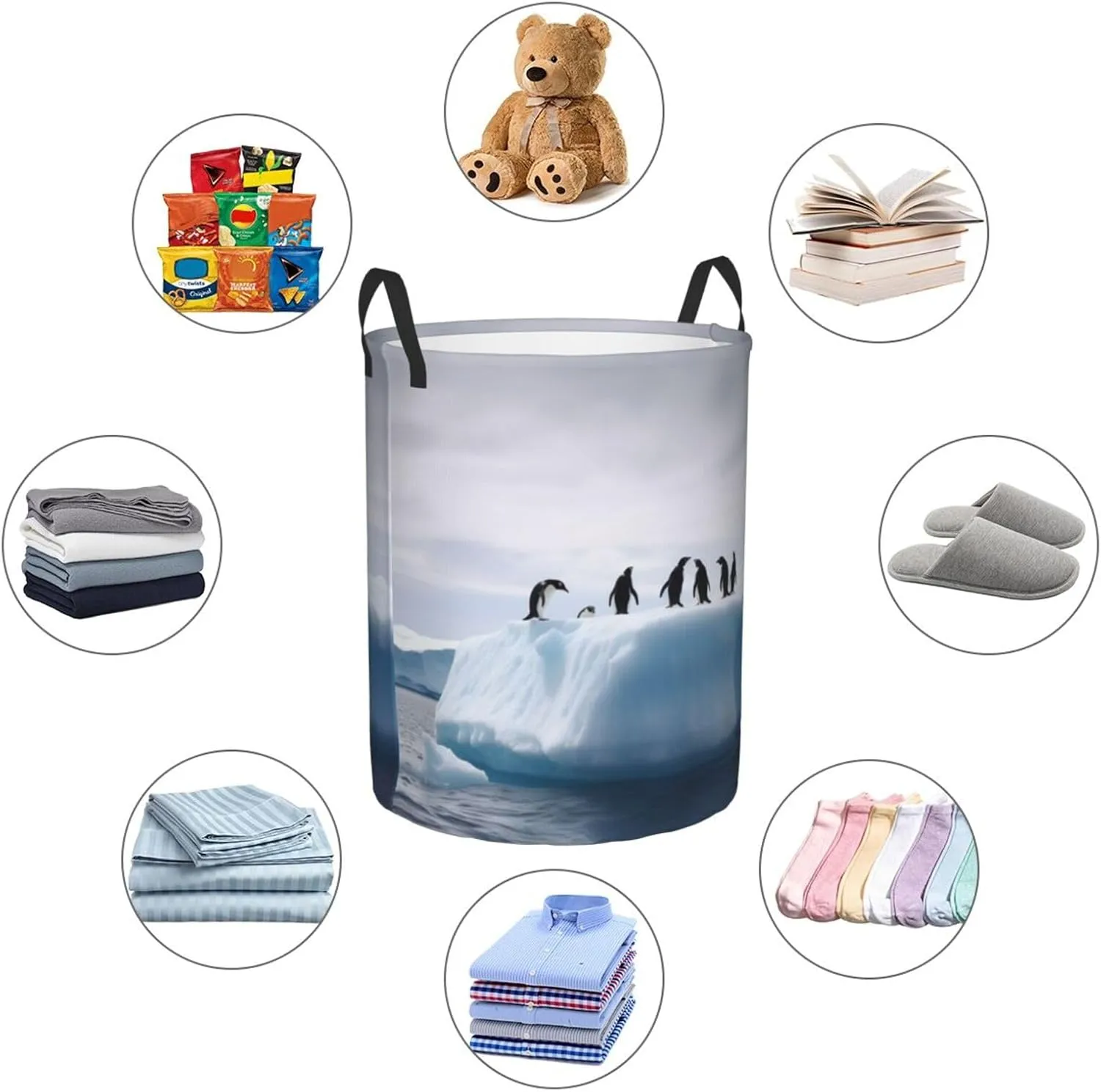 Laundry Basket Freestanding Laundry Hamper Penguins on the Iceberg Laundry Baskets Dirty Clothes Hamper for Laundry Circular Storage Basket Collapsible Storage Bag for Bedroom