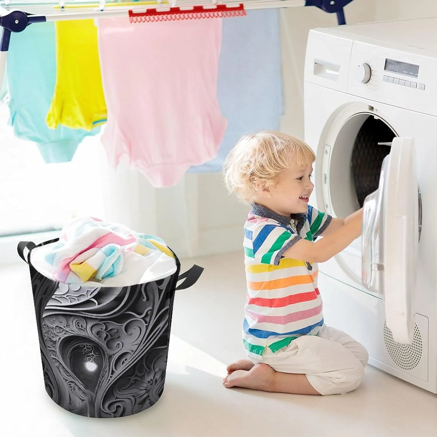 Laundry Basket Waterproof Dirty Clothes Hamper Complex Black And White Collapsible Washing Bin Clothes Bag with Handles Freestanding Laundry Hamper for Bathroom Bedroom Dorm Travel