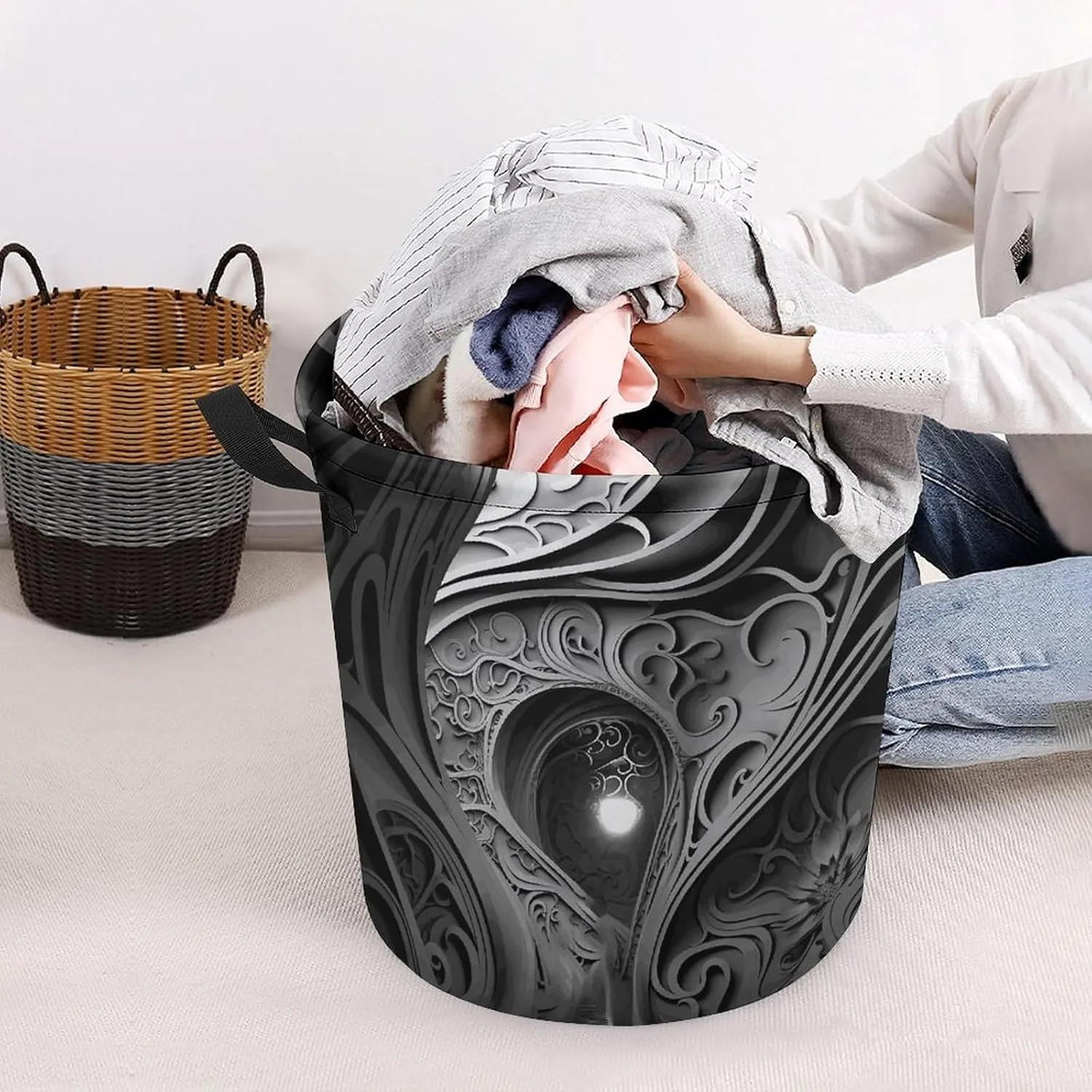 Laundry Basket Waterproof Dirty Clothes Hamper Complex Black And White Collapsible Washing Bin Clothes Bag with Handles Freestanding Laundry Hamper for Bathroom Bedroom Dorm Travel
