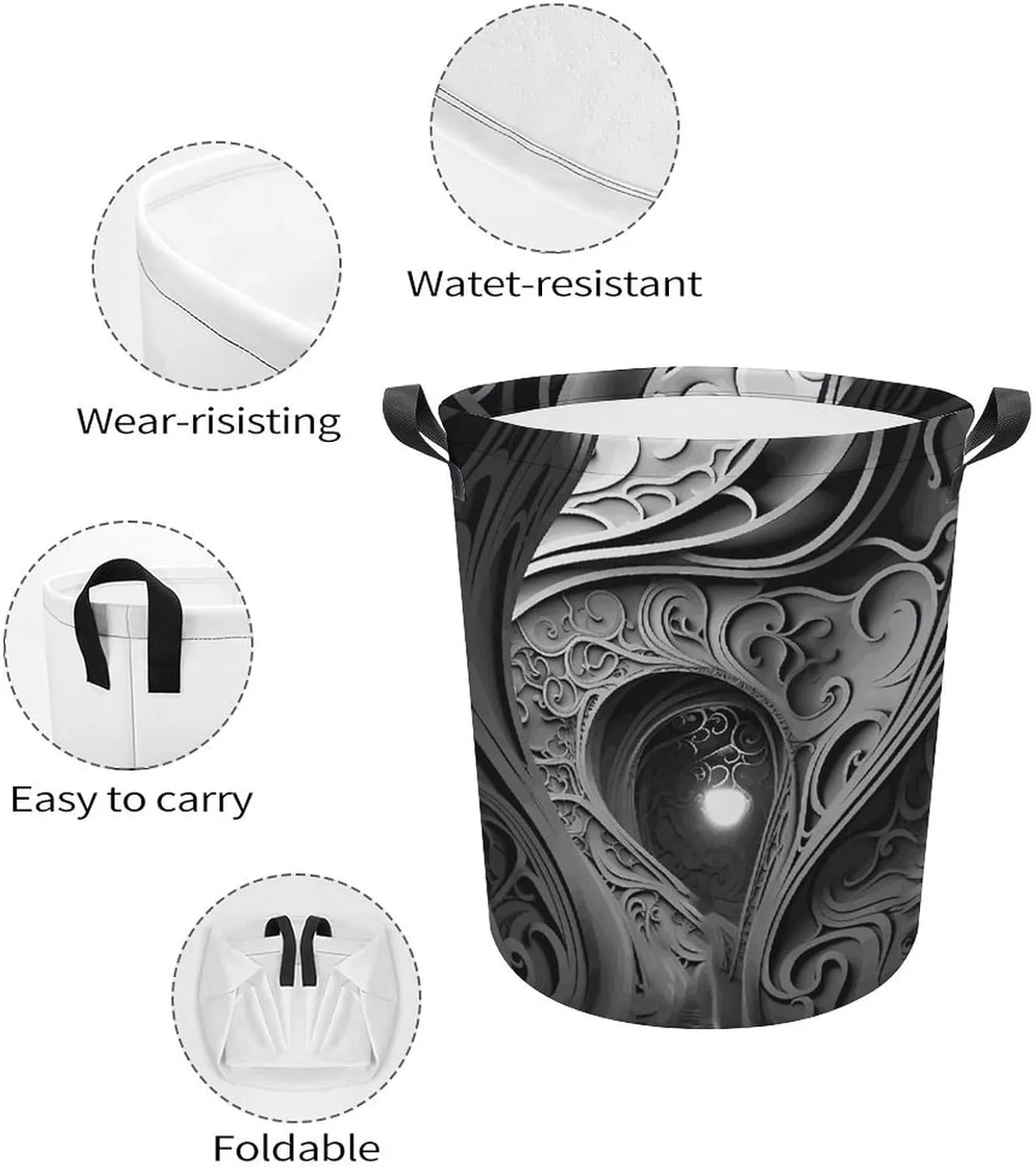Laundry Basket Waterproof Dirty Clothes Hamper Complex Black And White Collapsible Washing Bin Clothes Bag with Handles Freestanding Laundry Hamper for Bathroom Bedroom Dorm Travel