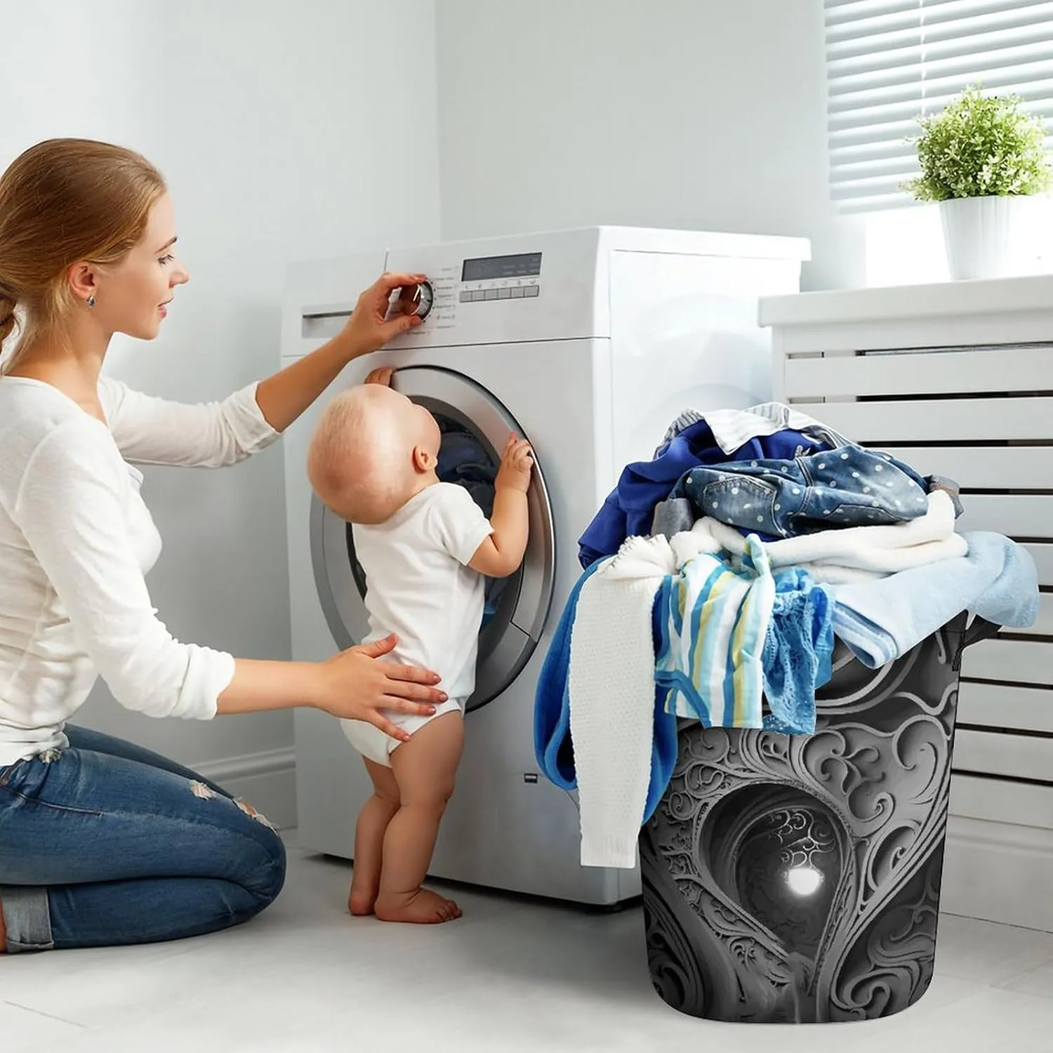 Laundry Basket Waterproof Dirty Clothes Hamper Complex Black And White Collapsible Washing Bin Clothes Bag with Handles Freestanding Laundry Hamper for Bathroom Bedroom Dorm Travel