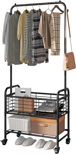 Laundry Basket with Wheels - Rolling Hamper Sorter Cart with Shelf and Hanging Rack, Black