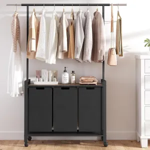 Laundry Basket With Wheels, Wood Shelf, Laundry Sorter With Retractable Hanging Bar, Laundry Hamper 3 Section, 3 × 13 Gal (49.2 L), Rolling Laundry Hamper With Hanging Rack For Laundry Room