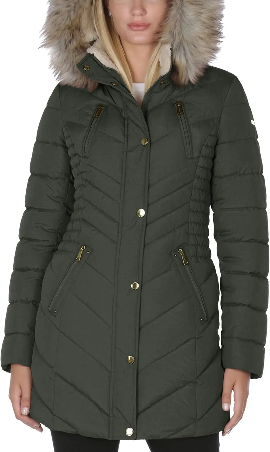 Laundry by Shelli Segal Women's 3/4 Puffer Jacket with Faux Fur Striped Hood