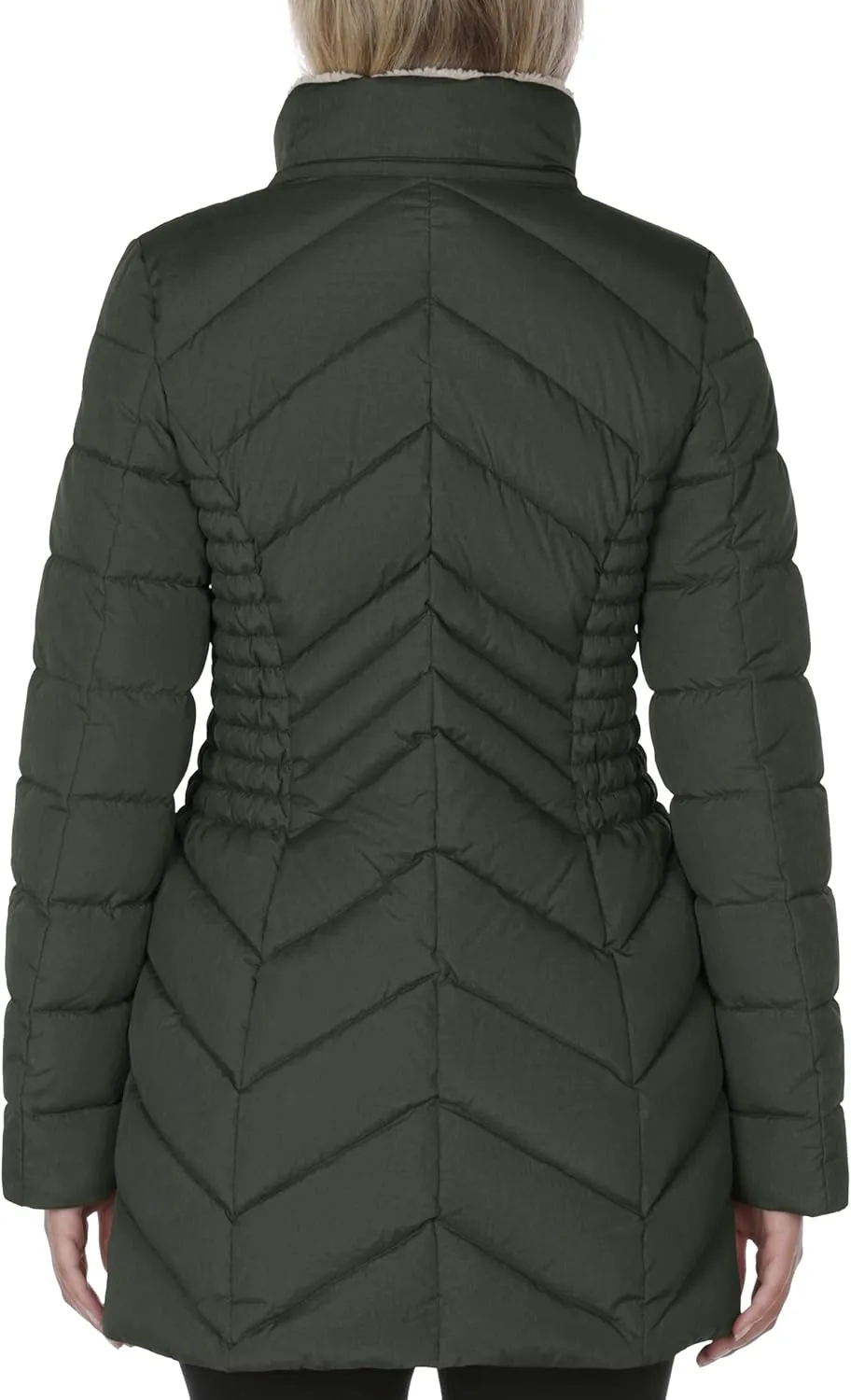 Laundry by Shelli Segal Women's 3/4 Puffer Jacket with Faux Fur Striped Hood