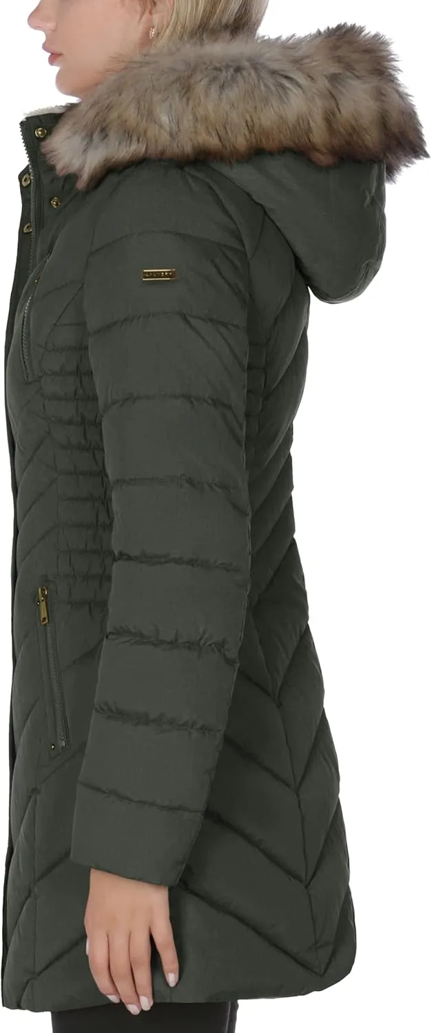 Laundry by Shelli Segal Women's 3/4 Puffer Jacket with Faux Fur Striped Hood