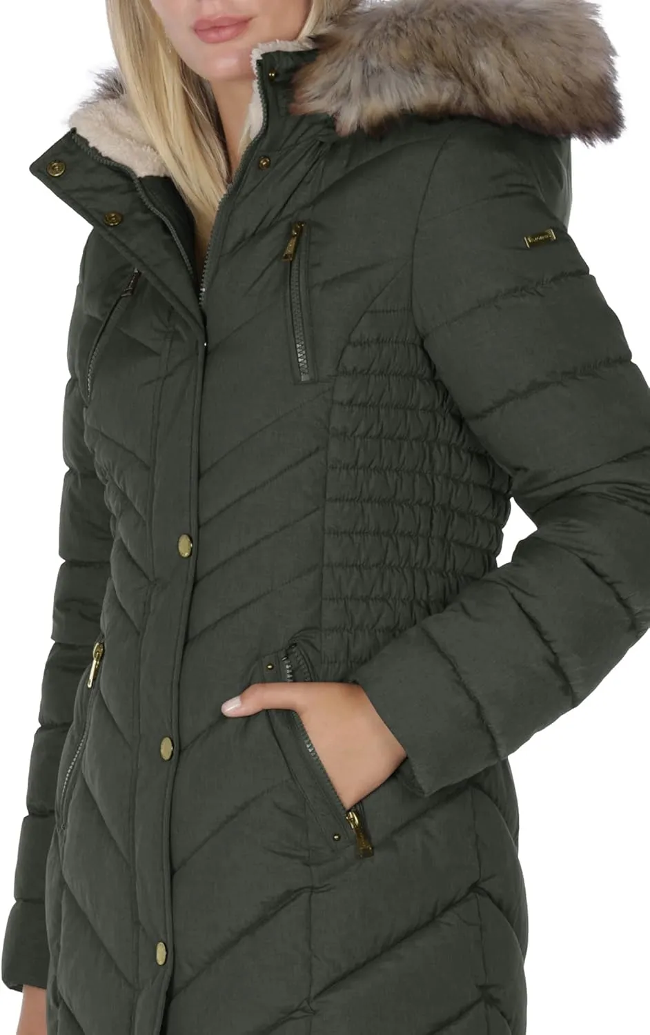 Laundry by Shelli Segal Women's 3/4 Puffer Jacket with Faux Fur Striped Hood