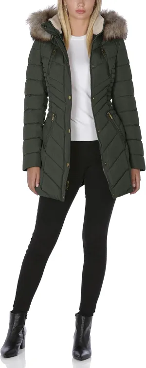 Laundry by Shelli Segal Women's 3/4 Puffer Jacket with Faux Fur Striped Hood