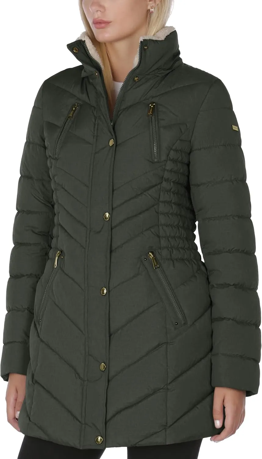 Laundry by Shelli Segal Women's 3/4 Puffer Jacket with Faux Fur Striped Hood