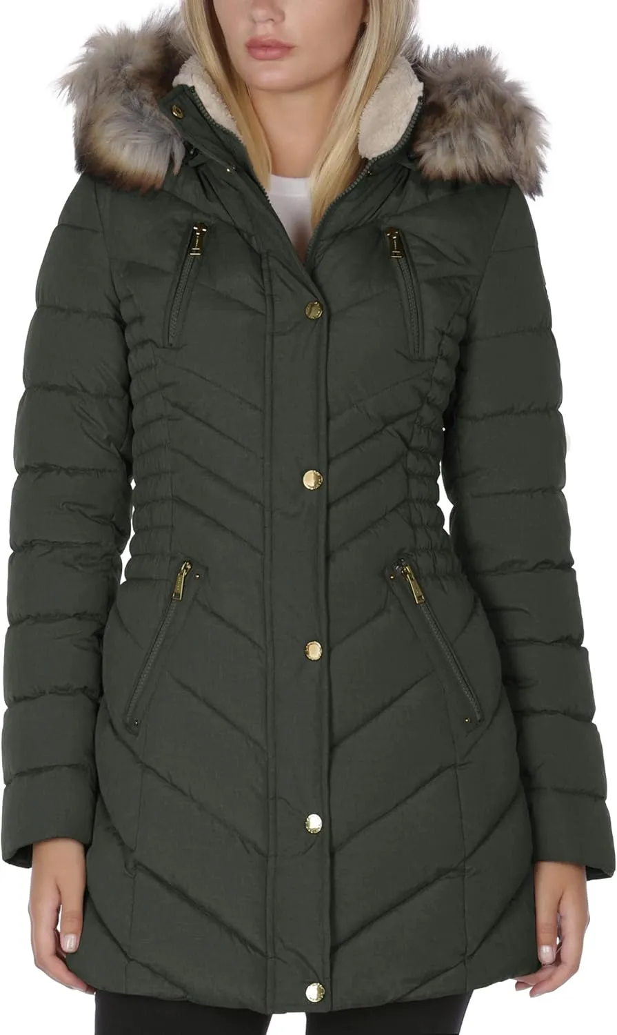 Laundry by Shelli Segal Women's 3/4 Puffer Jacket with Faux Fur Striped Hood
