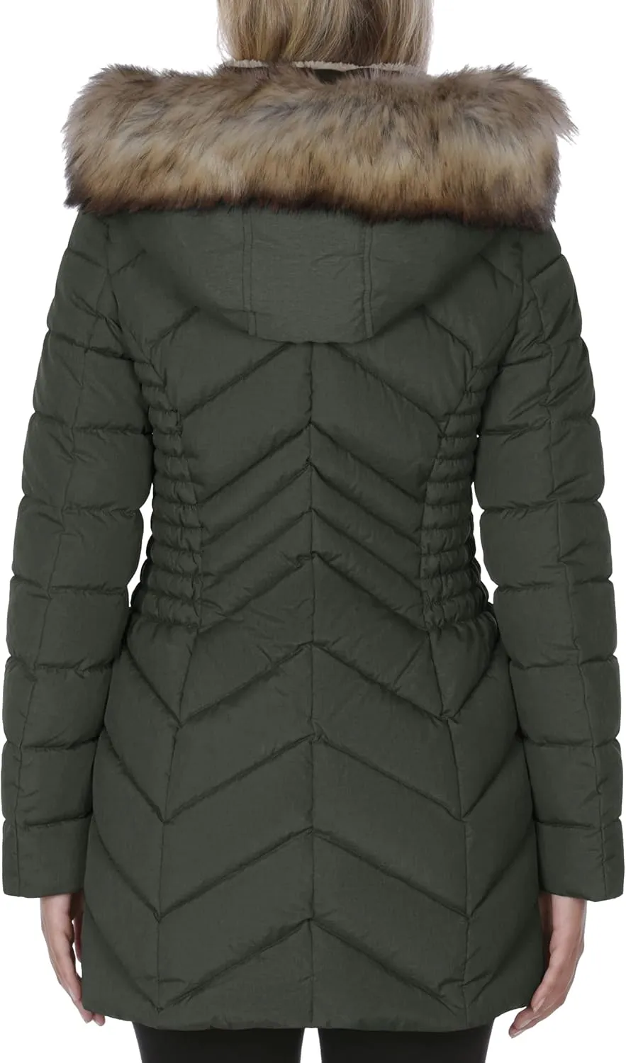 Laundry by Shelli Segal Women's 3/4 Puffer Jacket with Faux Fur Striped Hood