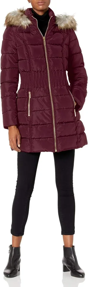 Laundry by Shelli Segal Women's 3/4 Puffer Jacket with Zig Zag Cinched Waist and Faux Fur Trim Hood