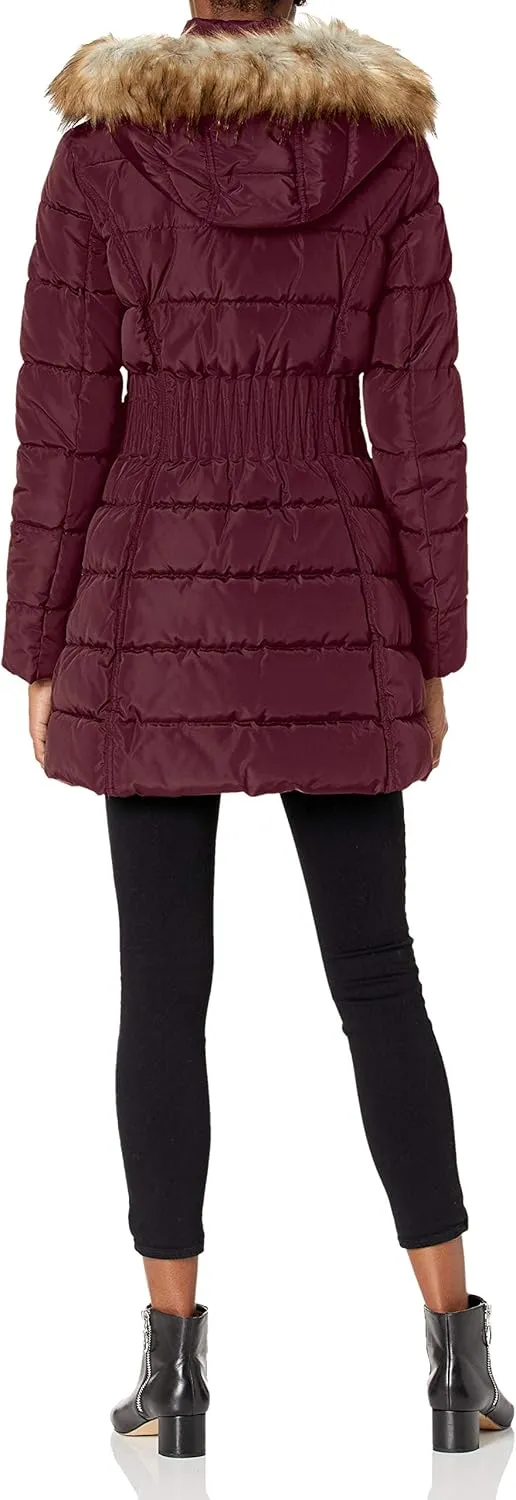 Laundry by Shelli Segal Women's 3/4 Puffer Jacket with Zig Zag Cinched Waist and Faux Fur Trim Hood