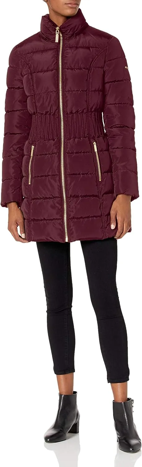 Laundry by Shelli Segal Women's 3/4 Puffer Jacket with Zig Zag Cinched Waist and Faux Fur Trim Hood