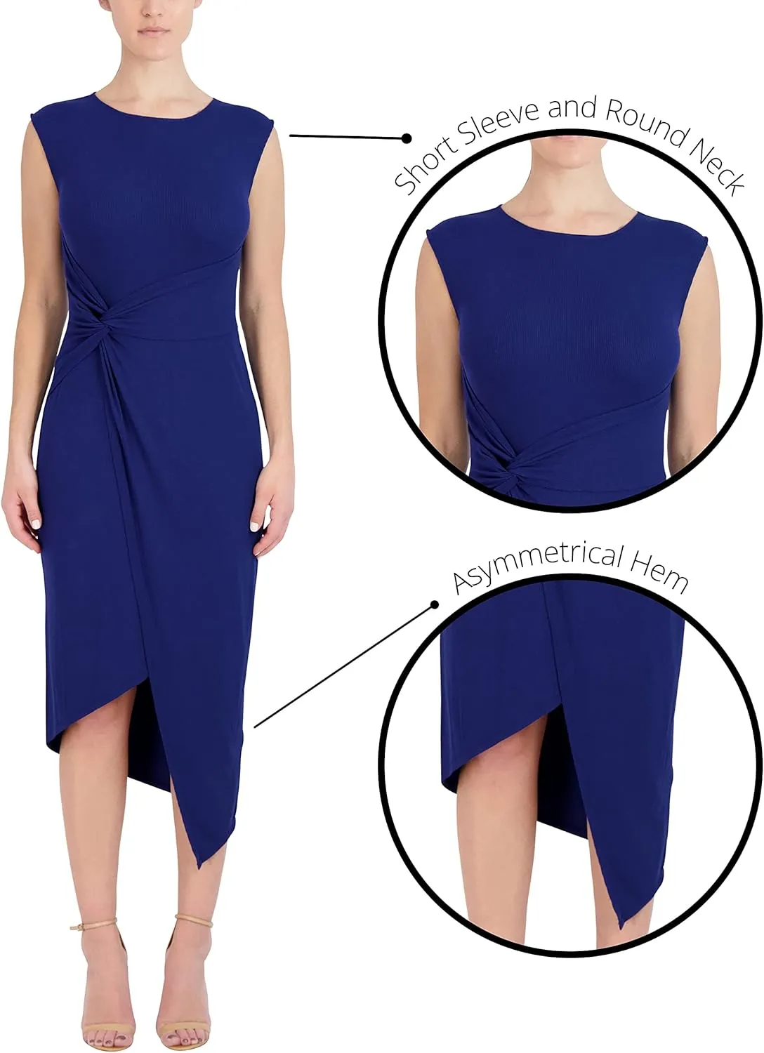 Laundry by Shelli Segal Women's Midi Cap Sleeve Asymmetrical Knot Front Dresses