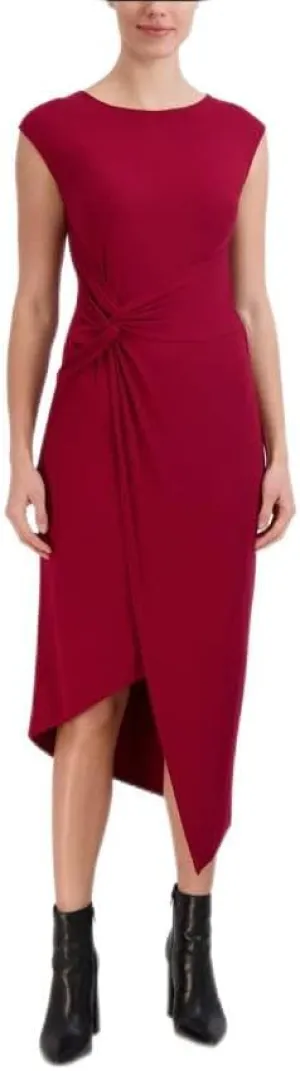 Laundry by Shelli Segal Women's Midi Cap Sleeve Asymmetrical Knot Front Dresses