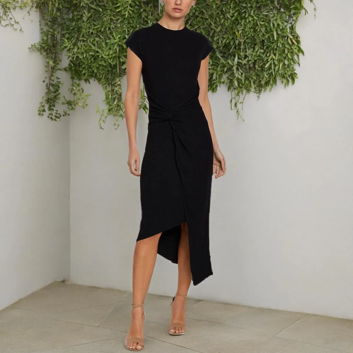 Laundry by Shelli Segal Women's Midi Cap Sleeve Asymmetrical Knot Front Dresses