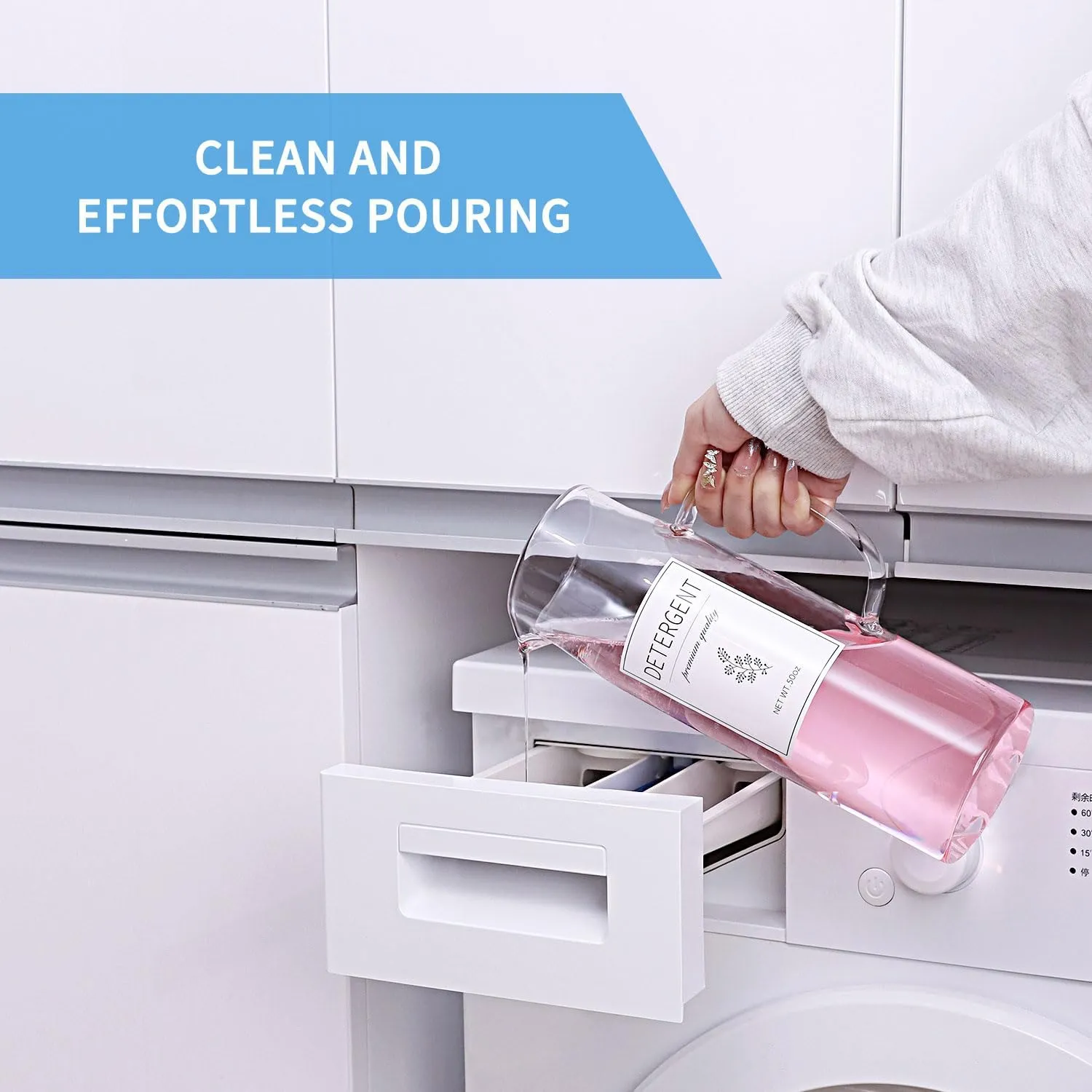 Laundry Detergent Dispenser Set with Labels and Handle for Laundry Room Organization and Storage- Easy Pour 2 Pack 50 oz Liquid Laundry Containers for Laundry Room Decor, Farmhouse Decor