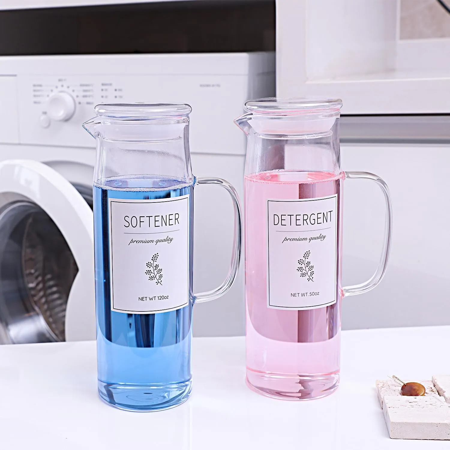 Laundry Detergent Dispenser Set with Labels and Handle for Laundry Room Organization and Storage- Easy Pour 2 Pack 50 oz Liquid Laundry Containers for Laundry Room Decor, Farmhouse Decor