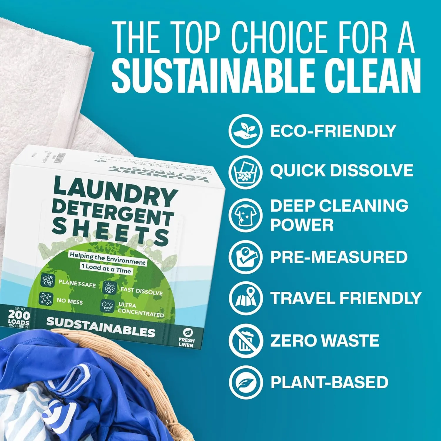 Laundry Detergent Sheets (200 Loads) – Eco-Friendly, Zero Waste, Plastic-Free Laundry Washing Machines Soap Sheets; Dissolvable, Space-Saving Strips for Travel (Fresh Linen)
