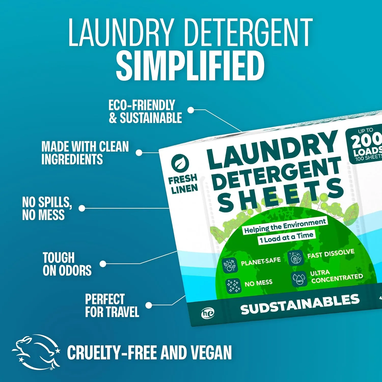 Laundry Detergent Sheets (200 Loads) – Eco-Friendly, Zero Waste, Plastic-Free Laundry Washing Machines Soap Sheets; Dissolvable, Space-Saving Strips for Travel (Fresh Linen)
