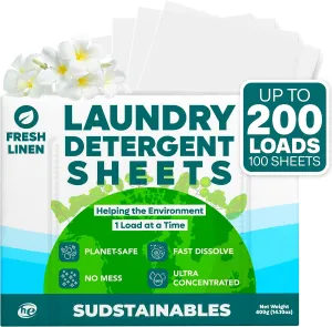 Laundry Detergent Sheets (200 Loads) – Eco-Friendly, Zero Waste, Plastic-Free Laundry Washing Machines Soap Sheets; Dissolvable, Space-Saving Strips for Travel (Fresh Linen)