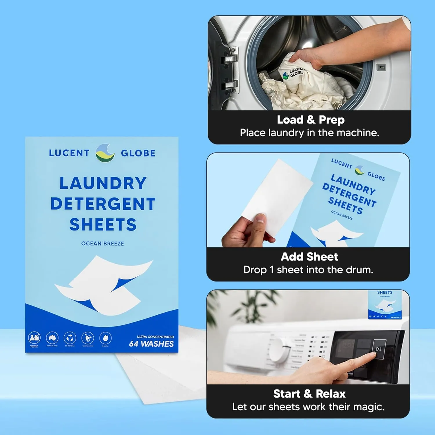 Laundry Detergent Sheets - Pre-Measured Laundry Sheets - Powerful Stain Removal - Gentle on Skin & Fabrics - Works in All Washers - Convenient. (Ocean Breeze - 384 Sheet Bulk Pack)