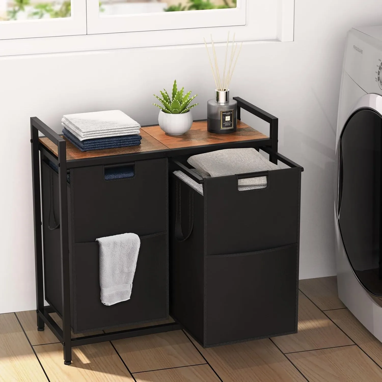 Laundry Hamper 2 Section with Shelf, Basket Organizer Removable Sorter Bags, × 15.3 Gallons (116L) Organization and Storage for Room, Bathroom, Bedroom, Black (Kalzie-10001X)