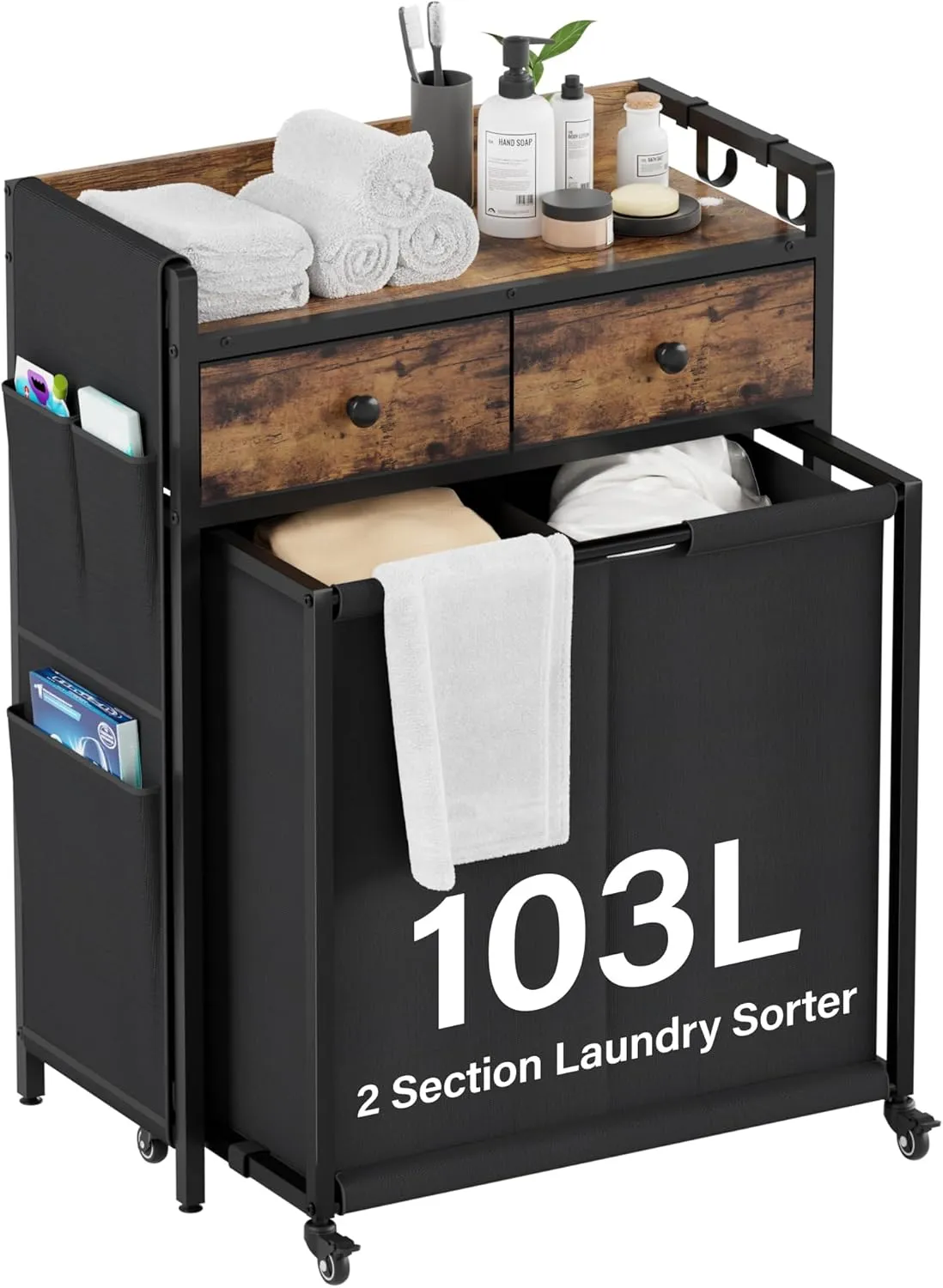 Laundry Hamper Laundry Basket: Rolling Laundry Basket Organizer with Wheels - Laundry Hamper 2 Section with Shelf Drawers Oxford Laundry Bags - Laundry Sorter for Laundry Room Bathroom Bedroom