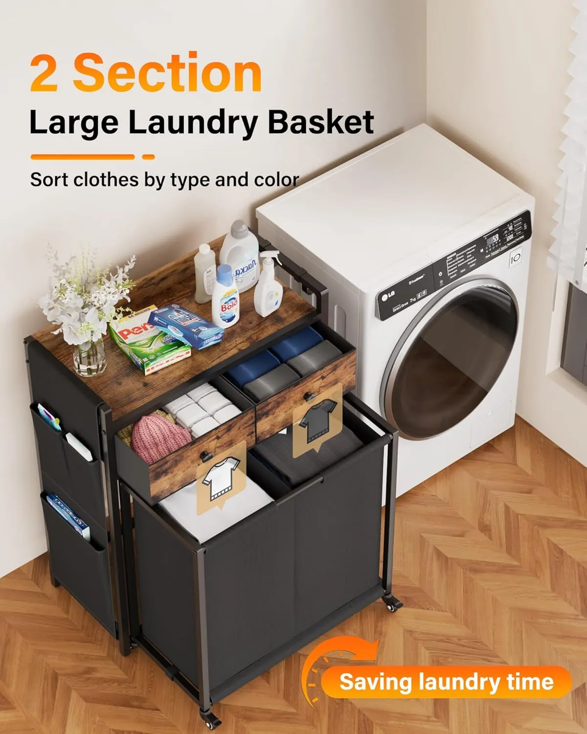 Laundry Hamper Laundry Basket: Rolling Laundry Basket Organizer with Wheels - Laundry Hamper 2 Section with Shelf Drawers Oxford Laundry Bags - Laundry Sorter for Laundry Room Bathroom Bedroom