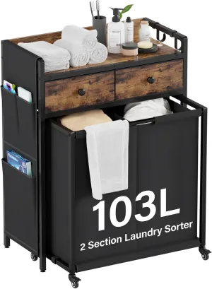 Laundry Hamper Laundry Basket: Rolling Laundry Basket Organizer with Wheels - Laundry Hamper 2 Section with Shelf Drawers Oxford Laundry Bags - Laundry Sorter for Laundry Room Bathroom Bedroom