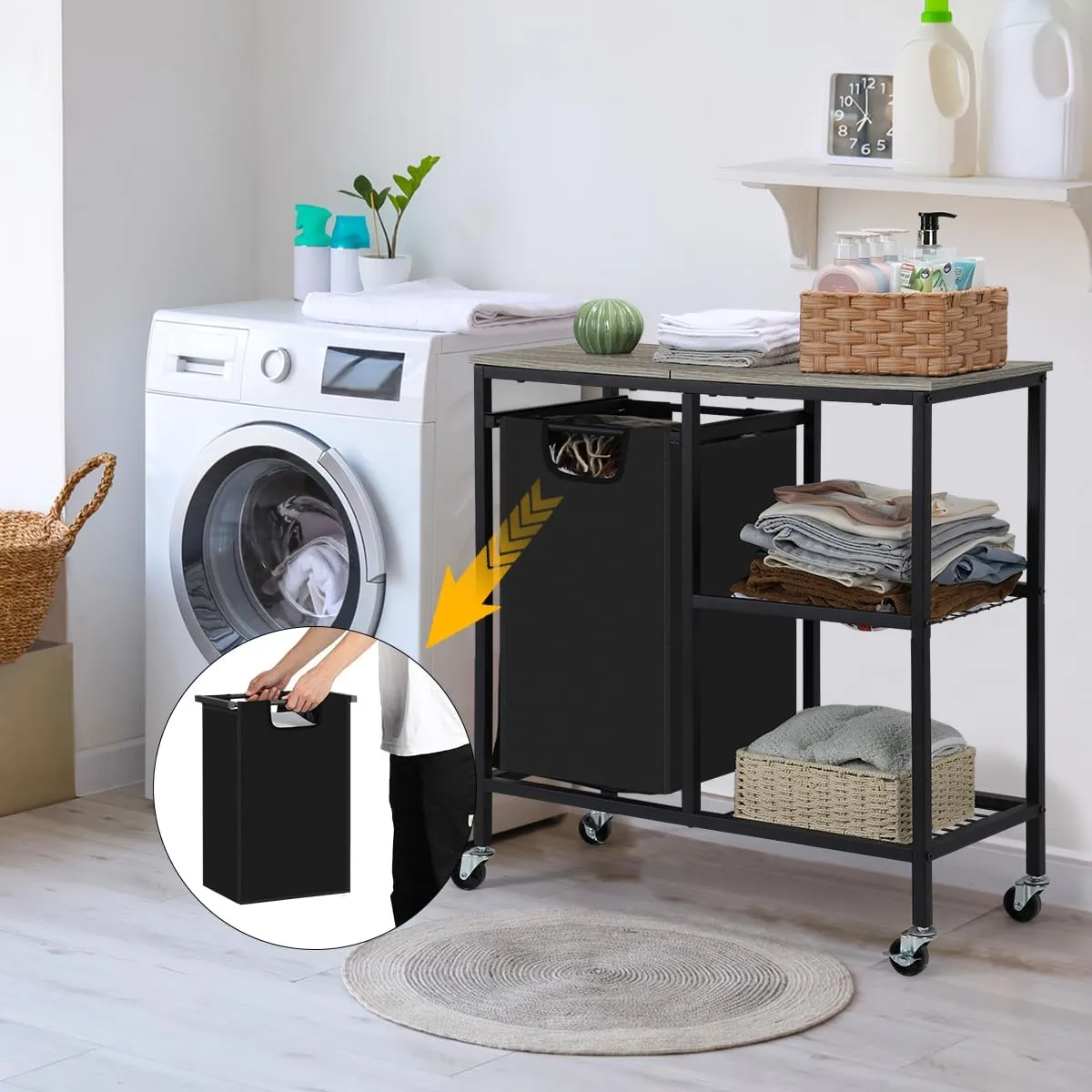 Laundry Hamper, Laundry Sorter with Three Shelf, Laundry Basket Organizer Section with Removable Laundry Bags for Clothes,Pull-Out Laundry Basket with Shelf,for Laundry Room, Grey