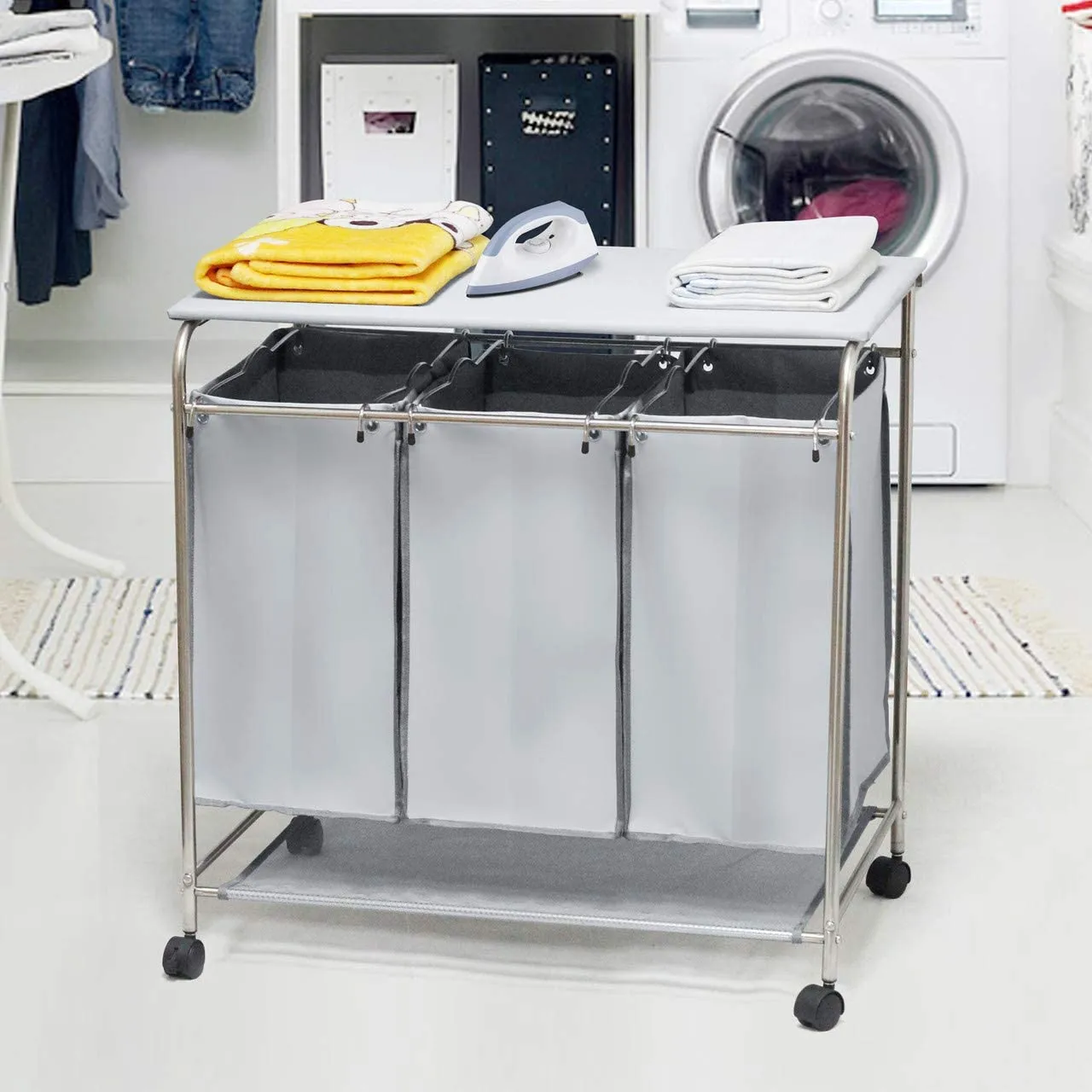Laundry Hamper With Trolley,3 Washing Basket Bag Sort   Ironing Board