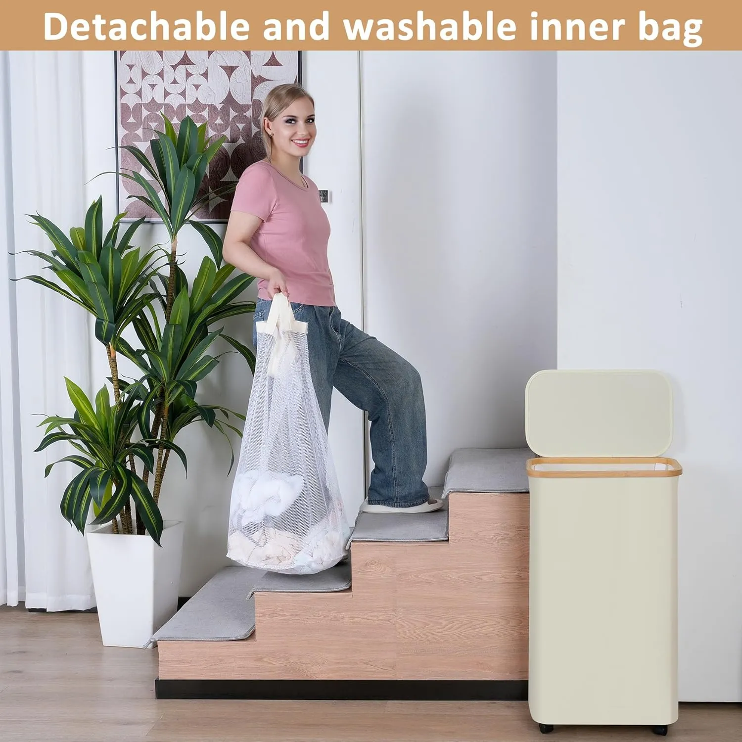 Laundry Hamper with Wheels,110L Clothes Hamper for Laundry, Laundry Basket with Lid and Liner Bag, for Laundry Room, Bedroom, Dormitory Storage,Pink