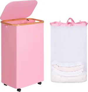 Laundry Hamper with Wheels,110L Clothes Hamper for Laundry, Laundry Basket with Lid and Liner Bag, for Laundry Room, Bedroom, Dormitory Storage,Pink