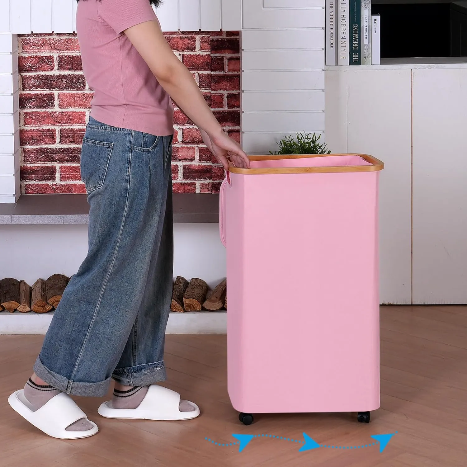 Laundry Hamper with Wheels,110L Clothes Hamper for Laundry, Laundry Basket with Lid and Liner Bag, for Laundry Room, Bedroom, Dormitory Storage,Pink