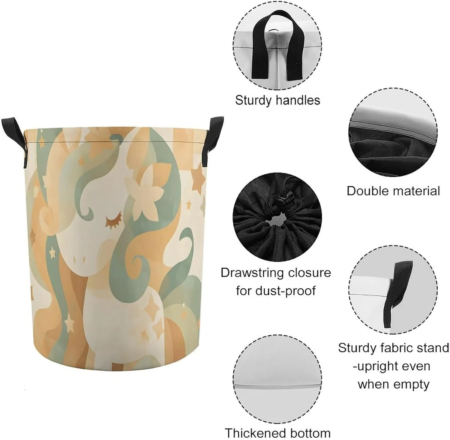 Laundry Hampers, Large Drawstring Laundry Bag, Removable Laundry Bags, Collapsible Storage Bin with Handles for Home Organization, Kids Room, Nursery Art