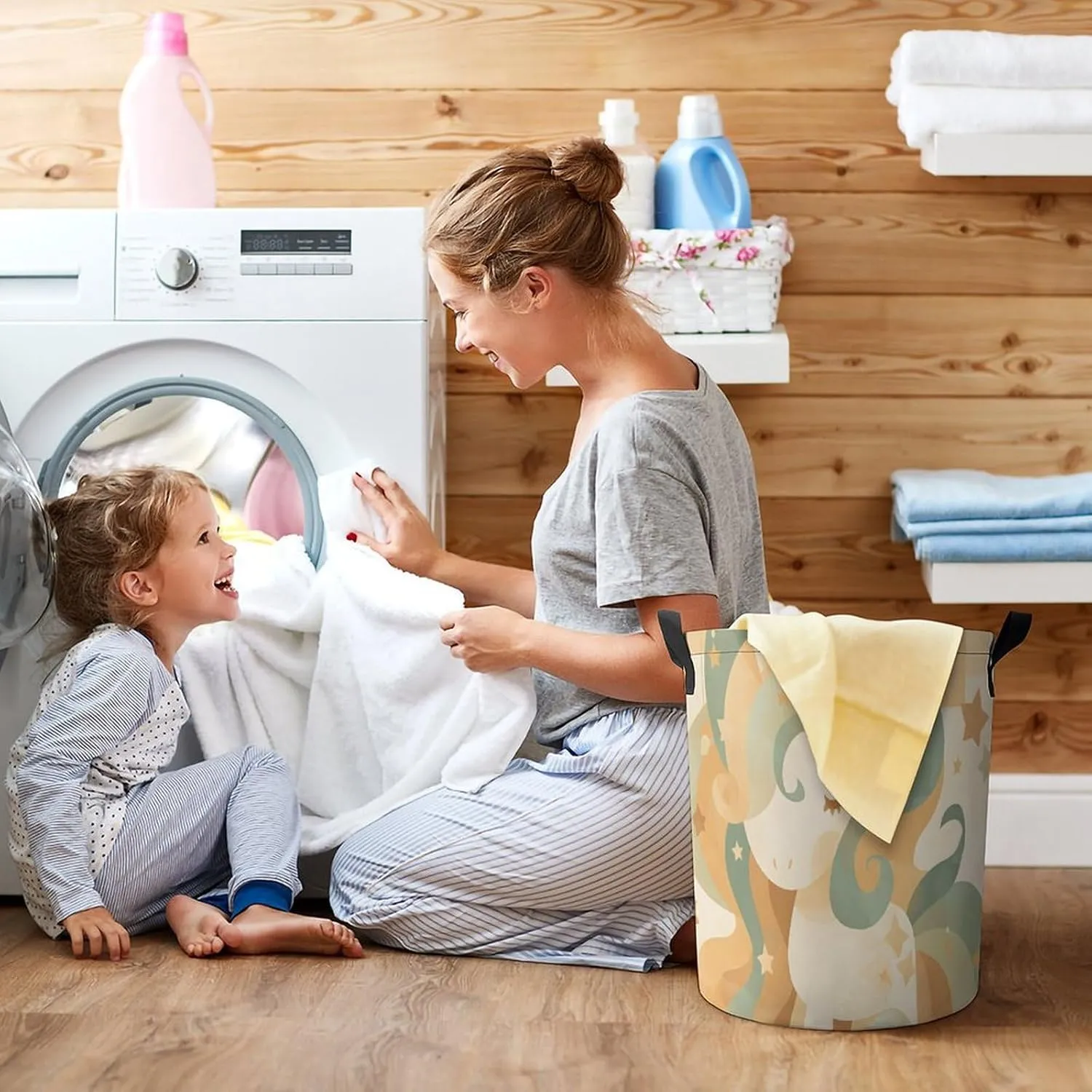 Laundry Hampers, Large Drawstring Laundry Bag, Removable Laundry Bags, Collapsible Storage Bin with Handles for Home Organization, Kids Room, Nursery Art