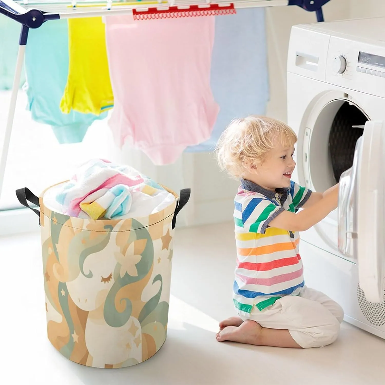 Laundry Hampers, Large Drawstring Laundry Bag, Removable Laundry Bags, Collapsible Storage Bin with Handles for Home Organization, Kids Room, Nursery Art
