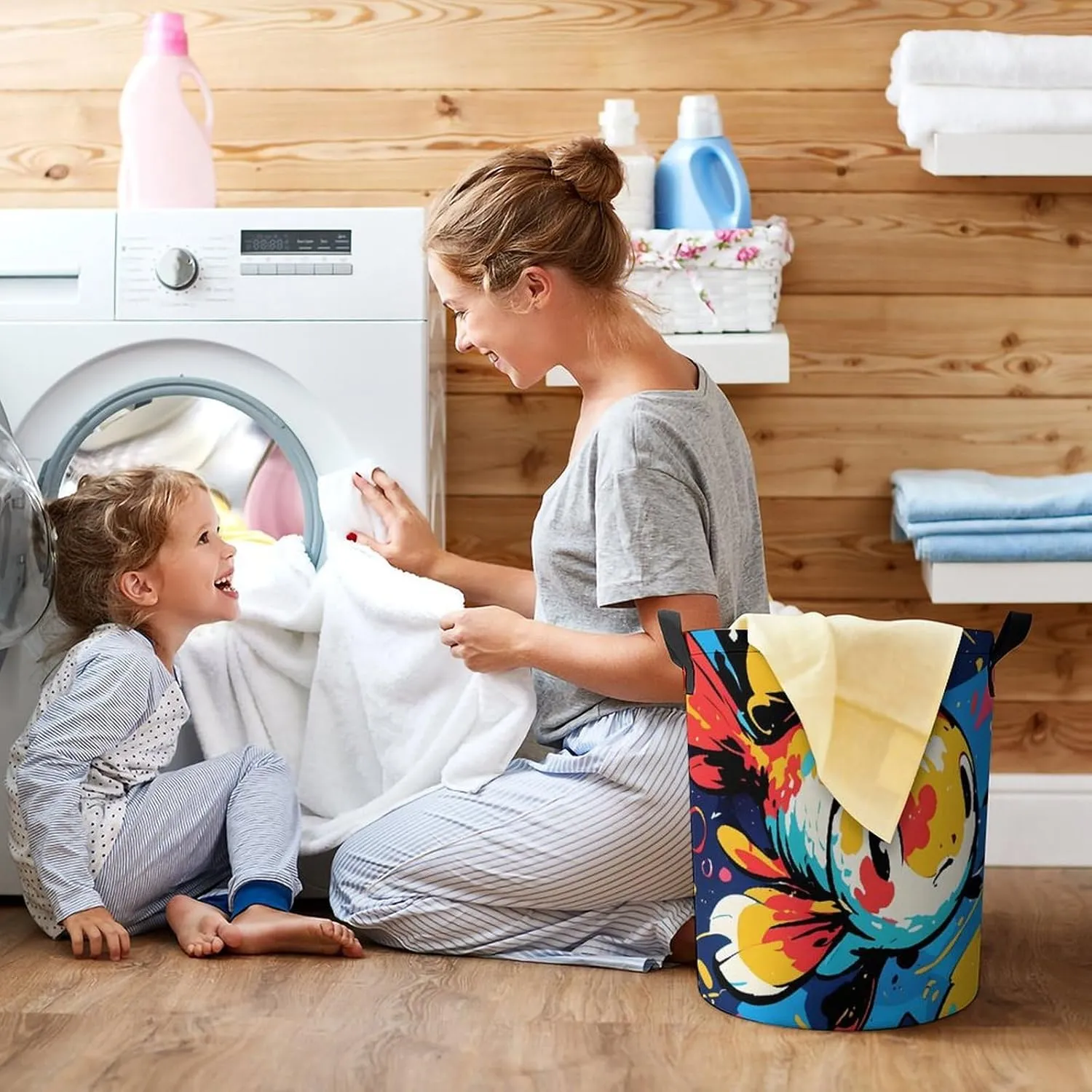 Laundry Hampers, Large Drawstring Laundry Bag, Removable Laundry Bags, Collapsible Storage Bin with Handles for Home Organization, Kids Room, Nursery Fish