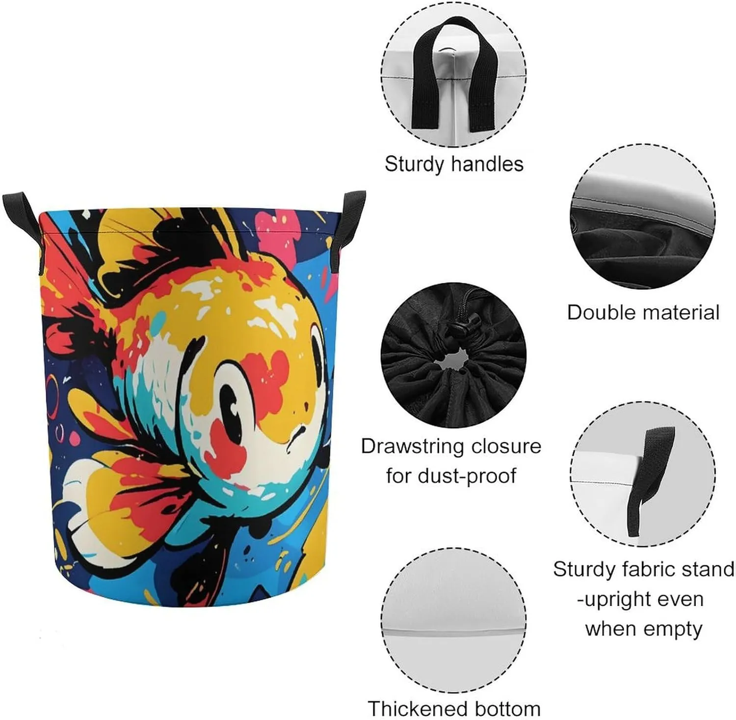 Laundry Hampers, Large Drawstring Laundry Bag, Removable Laundry Bags, Collapsible Storage Bin with Handles for Home Organization, Kids Room, Nursery Fish
