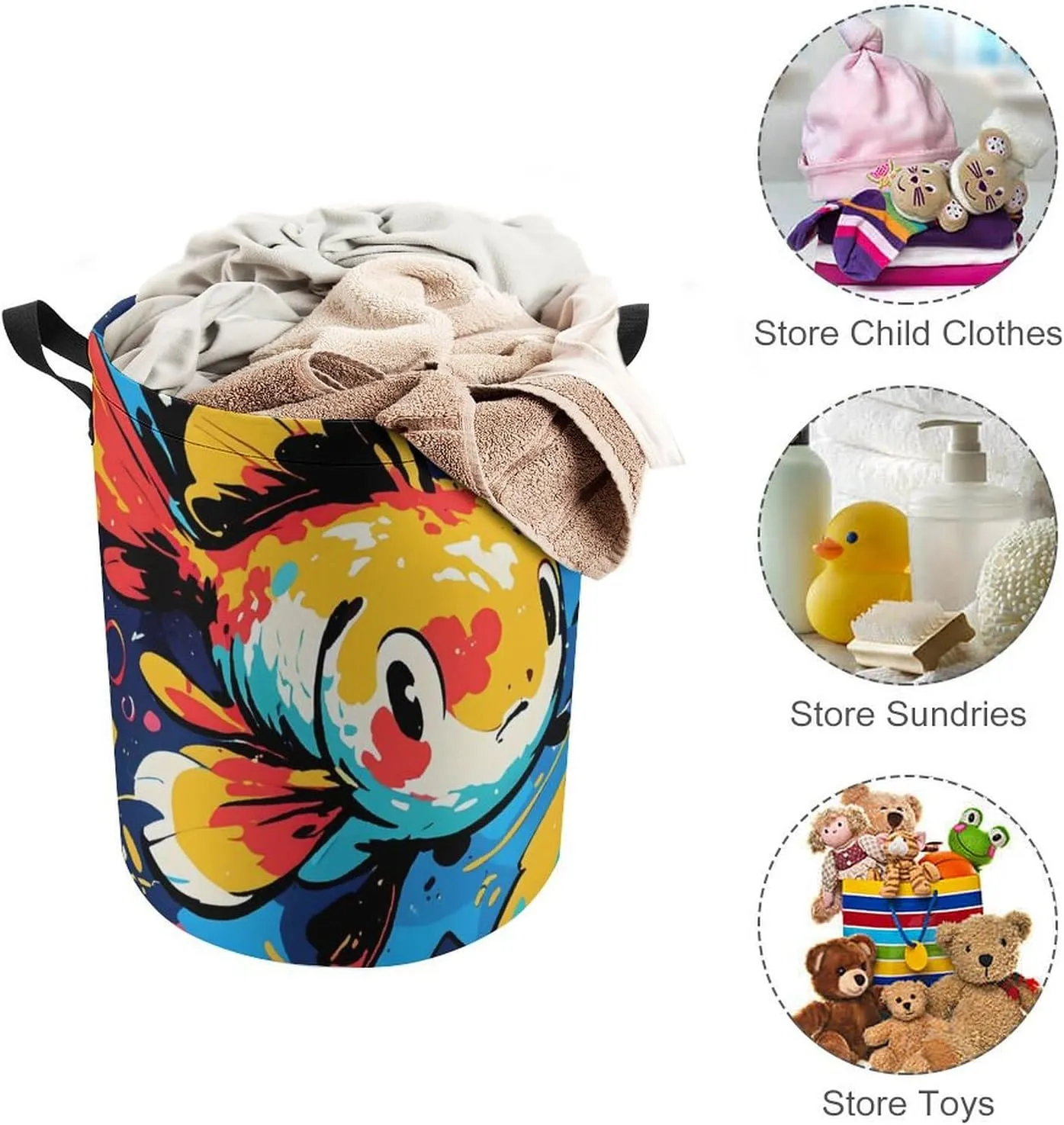 Laundry Hampers, Large Drawstring Laundry Bag, Removable Laundry Bags, Collapsible Storage Bin with Handles for Home Organization, Kids Room, Nursery Fish