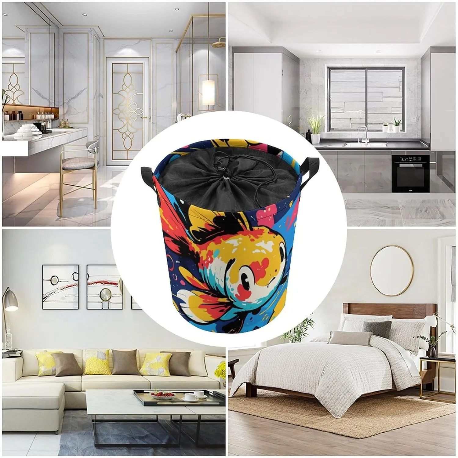 Laundry Hampers, Large Drawstring Laundry Bag, Removable Laundry Bags, Collapsible Storage Bin with Handles for Home Organization, Kids Room, Nursery Fish