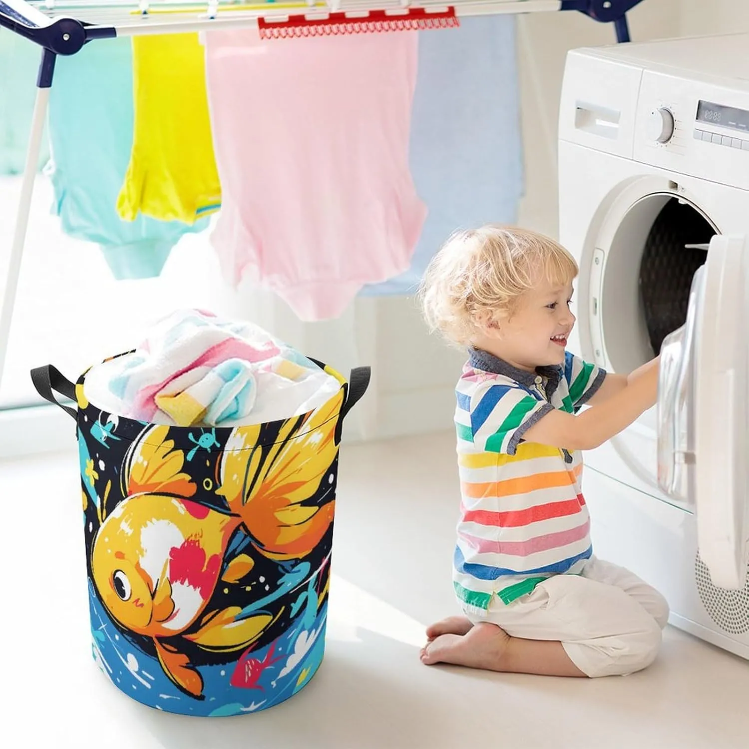 Laundry Hampers, Large Drawstring Laundry Bag, Removable Laundry Bags, Collapsible Storage Bin with Handles for Home Organization, Kids Room, Nursery Painting
