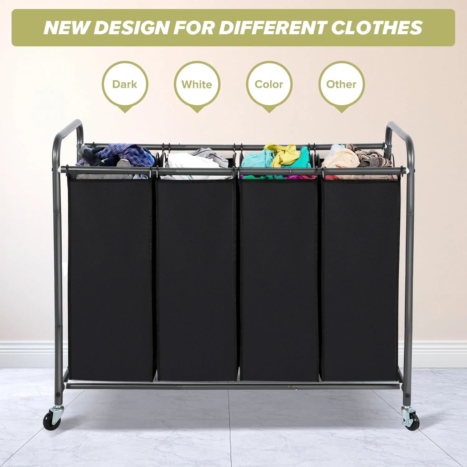 Laundry Sorter Hamper with Wheels, Heavy-Duty Laundry Sorter Rolling Cart, Lockable Wheels and Removable Bags, 4 Sections, Black