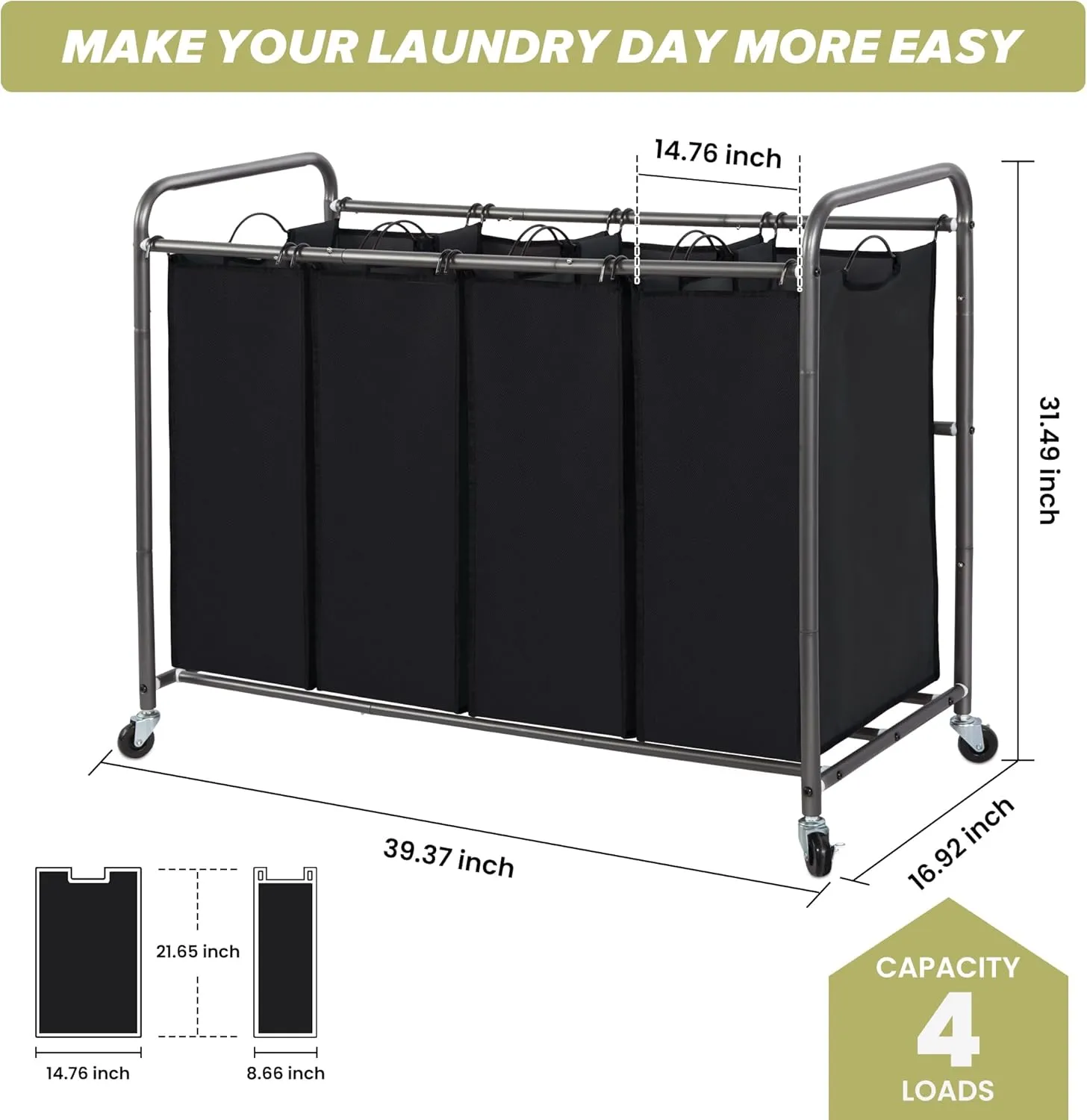Laundry Sorter Hamper with Wheels, Heavy-Duty Laundry Sorter Rolling Cart, Lockable Wheels and Removable Bags, 4 Sections, Black