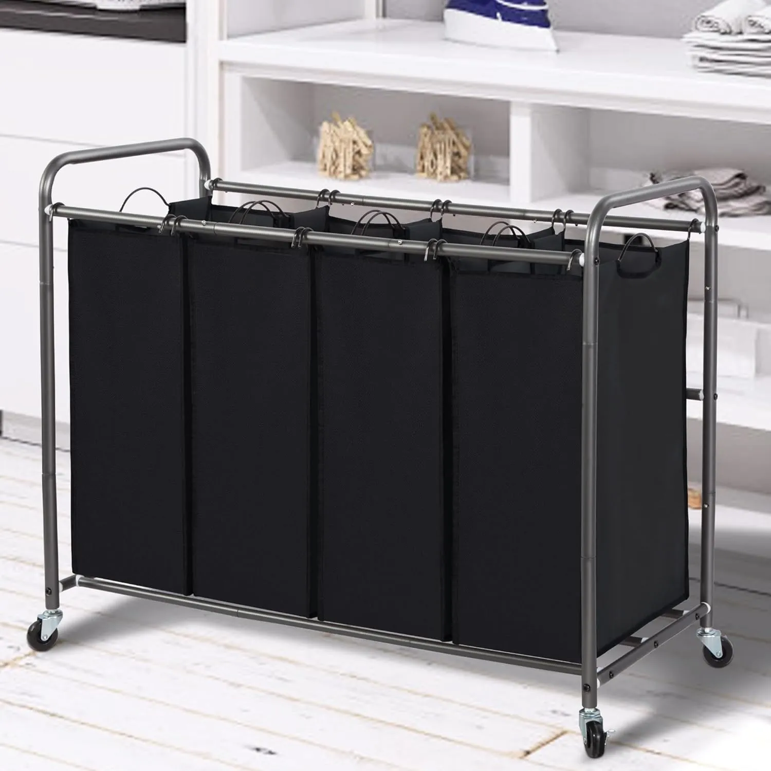 Laundry Sorter Hamper with Wheels, Heavy-Duty Laundry Sorter Rolling Cart, Lockable Wheels and Removable Bags, 4 Sections, Black